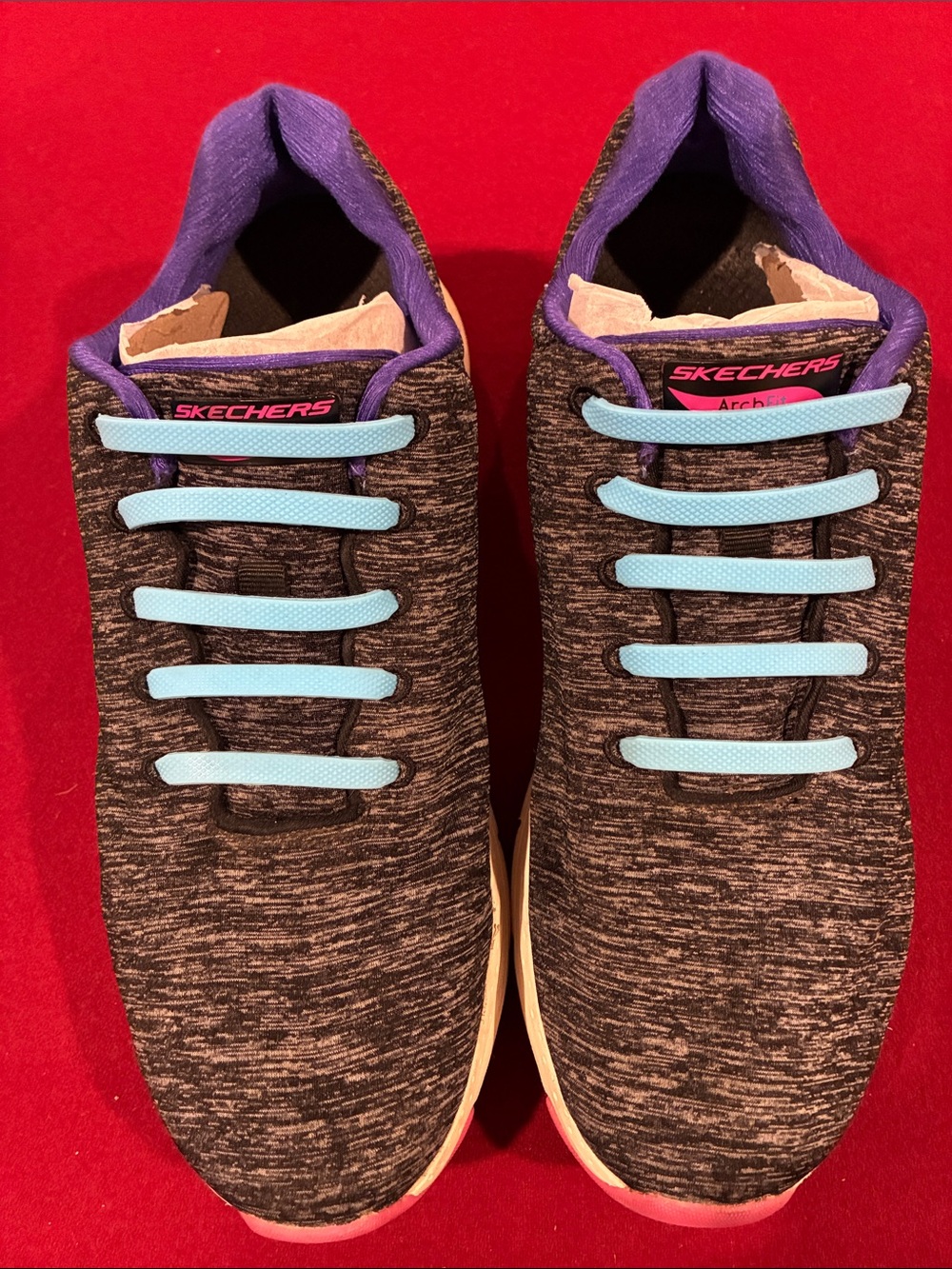 Skechers Black and Purple Knit Sneakers with Light Blue Elastic Laces